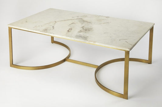 48" Off White and Gold Genuine Marble and Metal Coffee Table