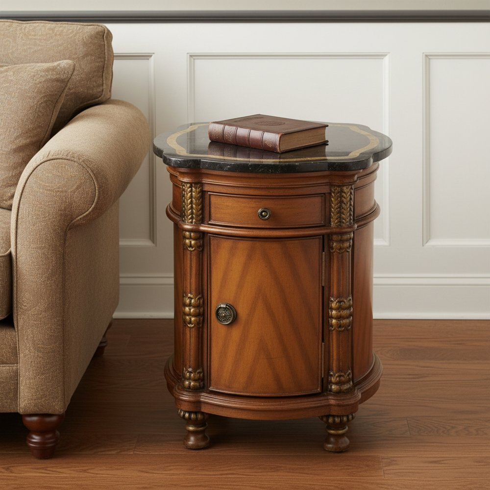 20" Black and Brown Stone and Wood Free Form Coffee Table With Drawer