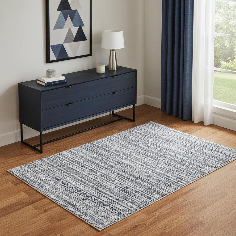 5' X 8' Navy Blue Decorative Stripes Area Rug