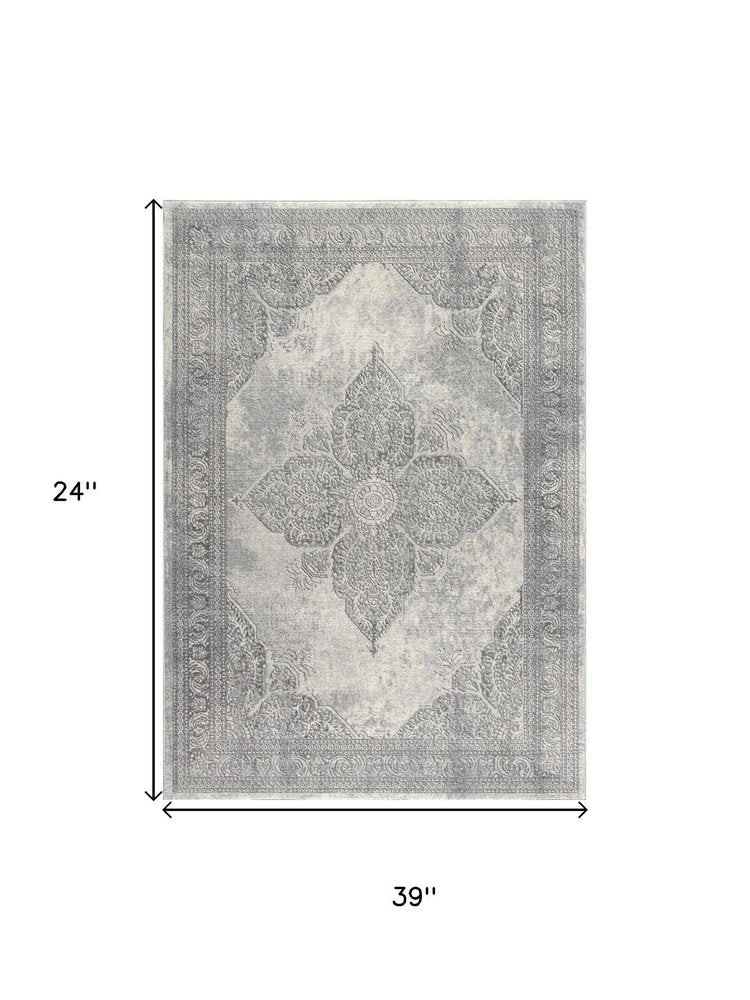 2' X 8' Gray Distressed Medallion Runner Rug