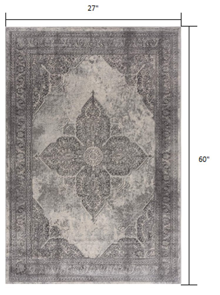 2' X 8' Gray Distressed Medallion Runner Rug