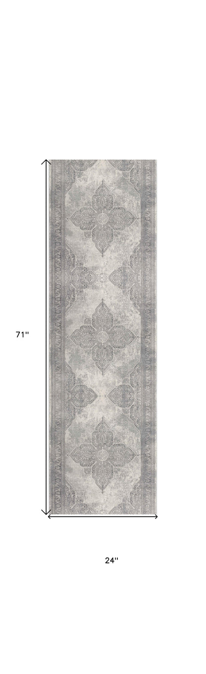 2' X 5' Gray Distressed Medallion Area Rug
