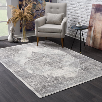 5' X 8' Gray Distressed Medallion Area Rug