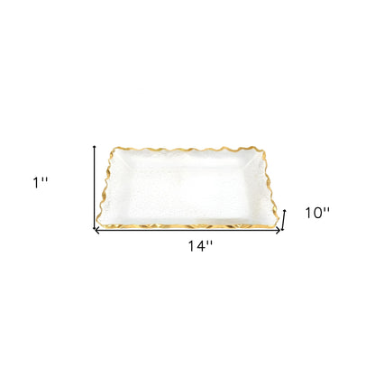 14" Clear and Gold Bubble Glass Scalloped Rim Rectangular Tray