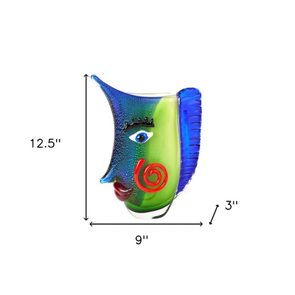 13" Blue and Green Murano Glass Modern Abstract Face Tabletop Sculpture