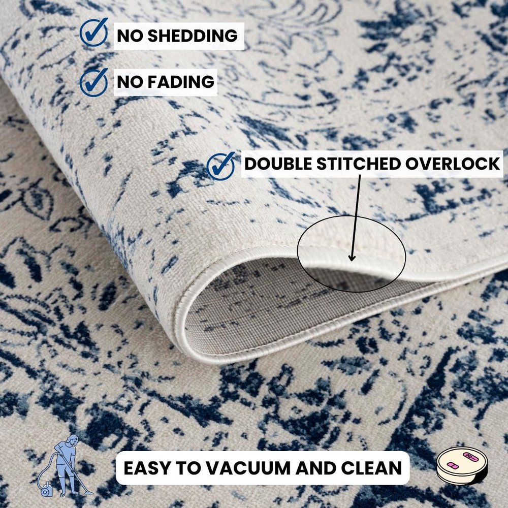 2' X 5' Navy Blue Distressed Floral Area Rug