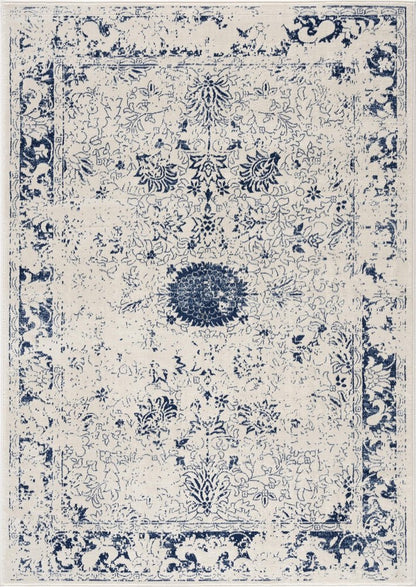 8' X 11' Navy Blue Distressed Floral Area Rug