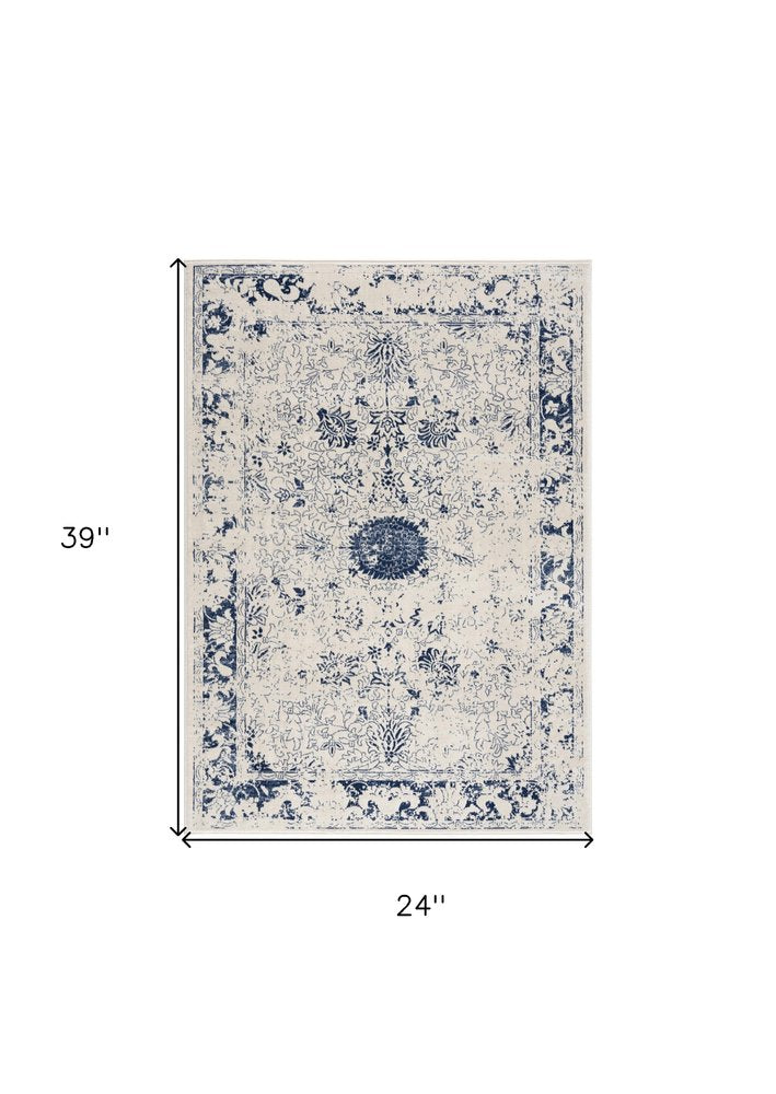5' X 8' Navy Blue Distressed Floral Area Rug