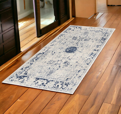 8' X 11' Navy Blue Distressed Floral Area Rug