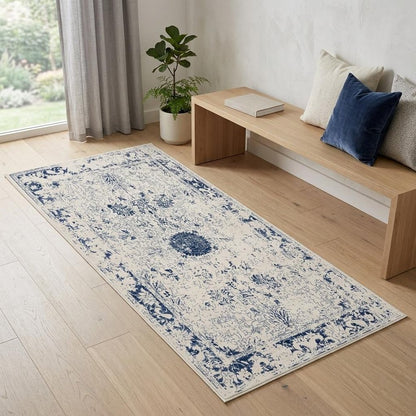 4' X 6' Navy Blue Distressed Floral Area Rug