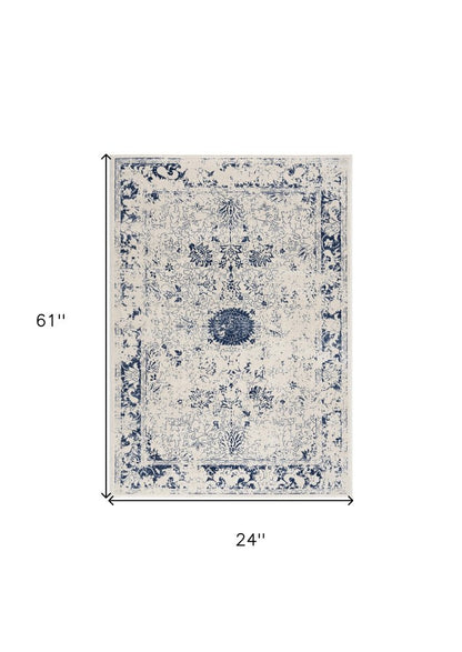 8' X 11' Navy Blue Distressed Floral Area Rug