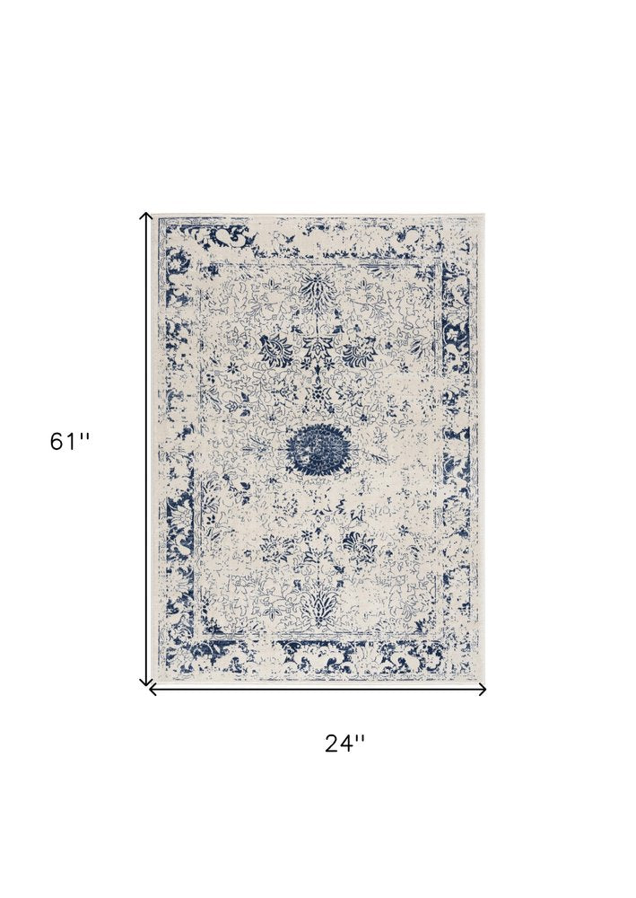 8' X 11' Navy Blue Distressed Floral Area Rug