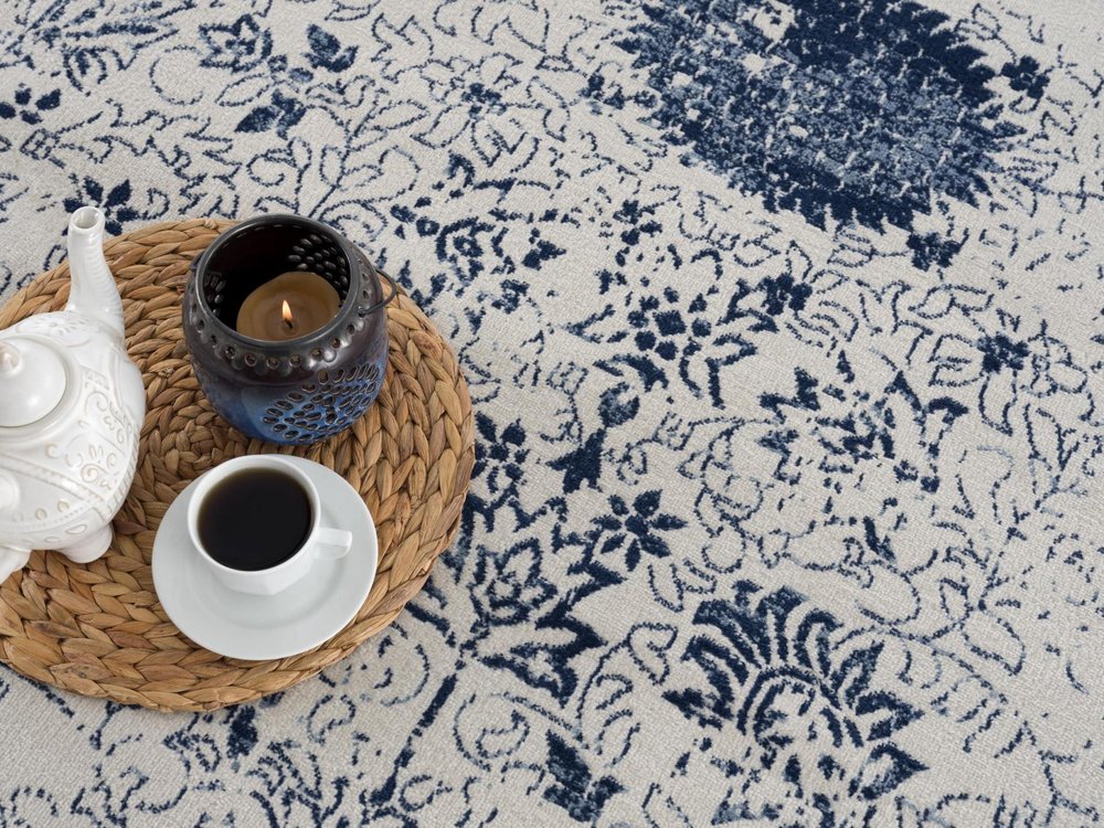 8' X 11' Navy Blue Distressed Floral Area Rug