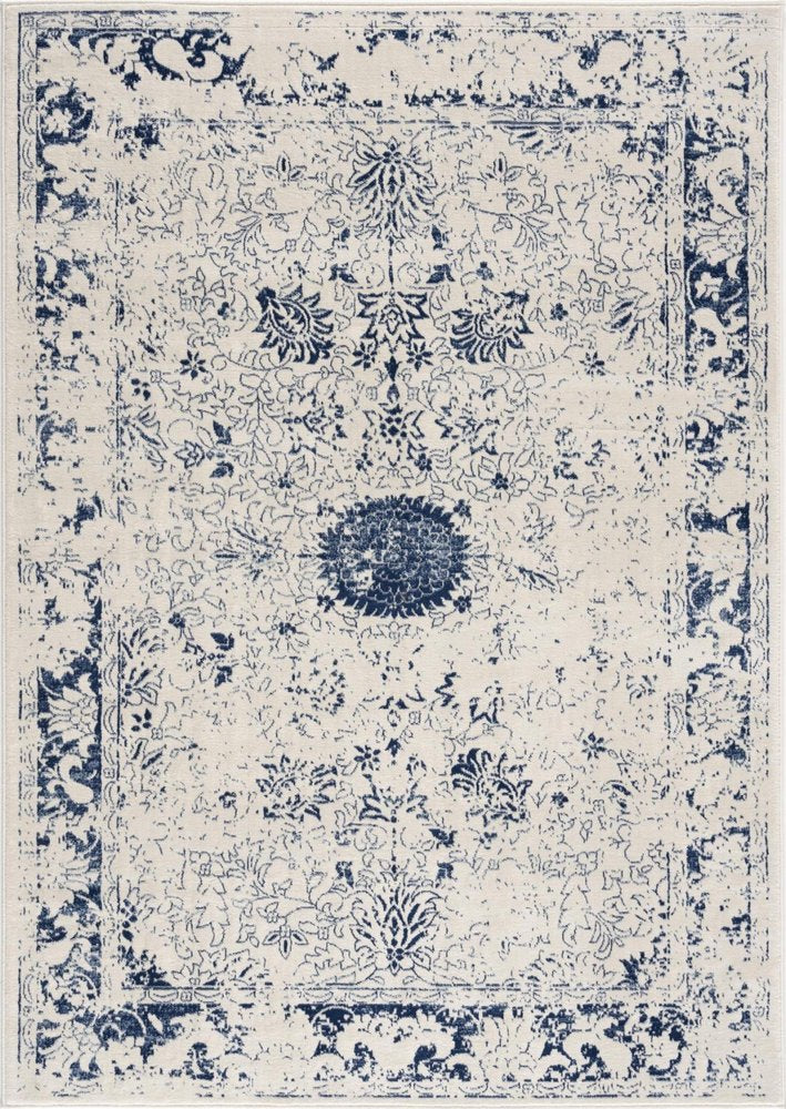 5' X 8' Navy Blue Distressed Floral Area Rug