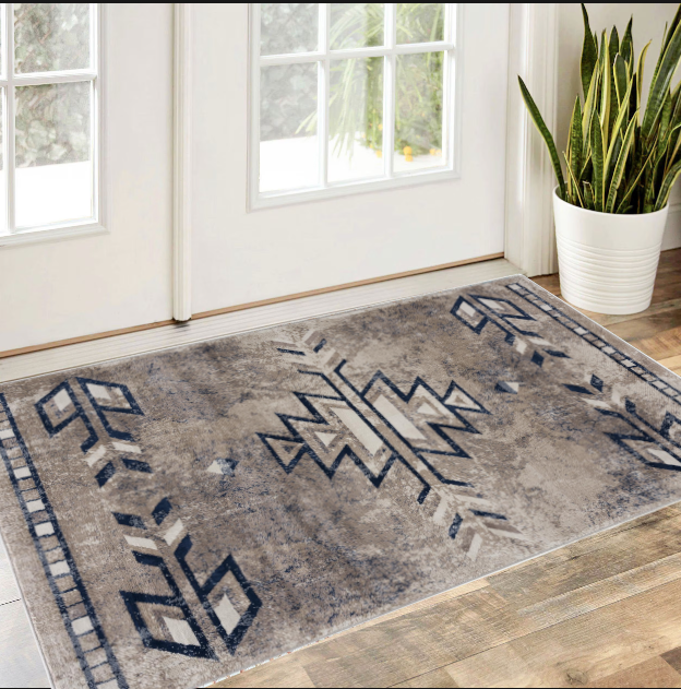 5' X 8' Gray Beige and Blue Southwestern Washable Area Rug