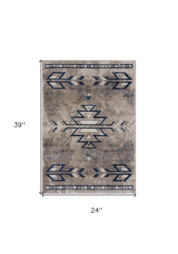 2' X 3' Beige And Blue Boho Chic Scatter Rug