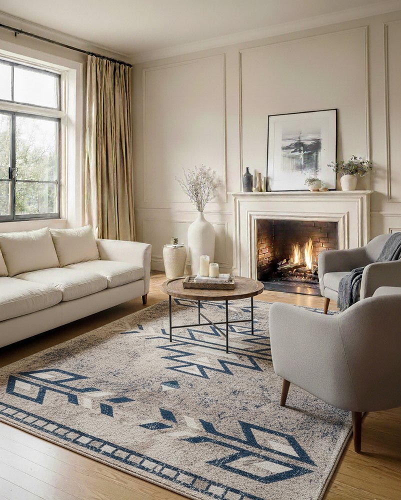 2' X 3' Beige And Blue Boho Chic Scatter Rug
