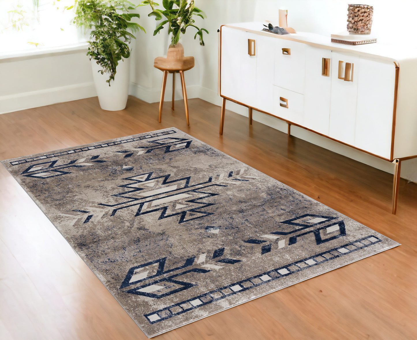 5' X 8' Gray Beige and Blue Southwestern Washable Area Rug