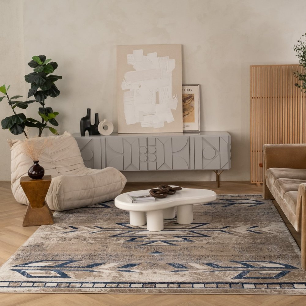 2' X 3' Beige And Blue Boho Chic Scatter Rug