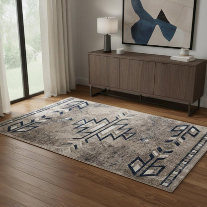 8' X 11' Blue And Beige Southwestern Area Rug