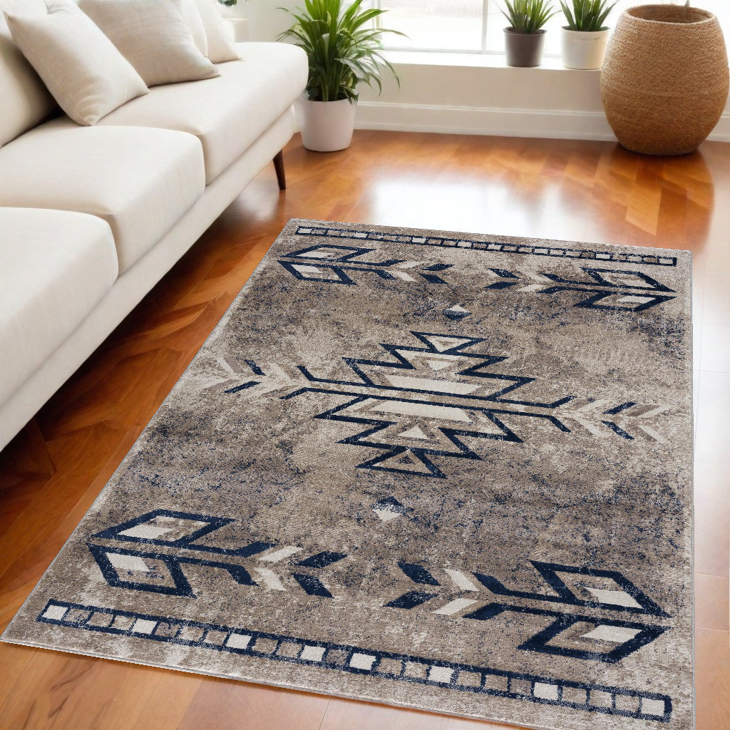 4' X 6' Beige And Blue Boho Chic Area Rug