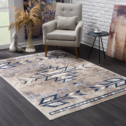 5' X 8' Gray Beige and Blue Southwestern Washable Area Rug