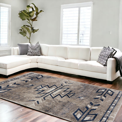 5' X 8' Gray Beige and Blue Southwestern Washable Area Rug