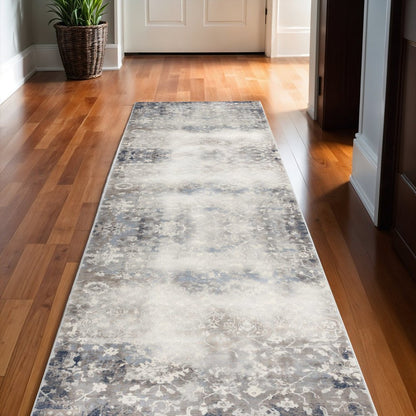 2' X 8' Navy And Beige Distressed Vines Runner Rug
