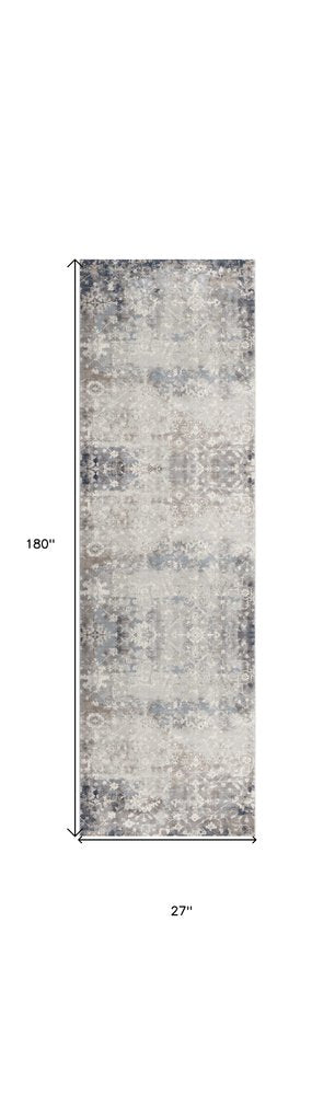 8' X 11' Navy And Beige Distressed Vines Area Rug