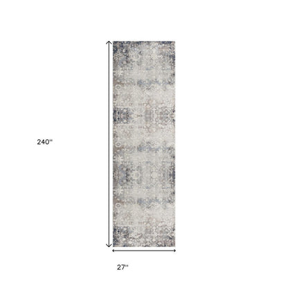 2' X 8' Navy And Beige Distressed Vines Runner Rug
