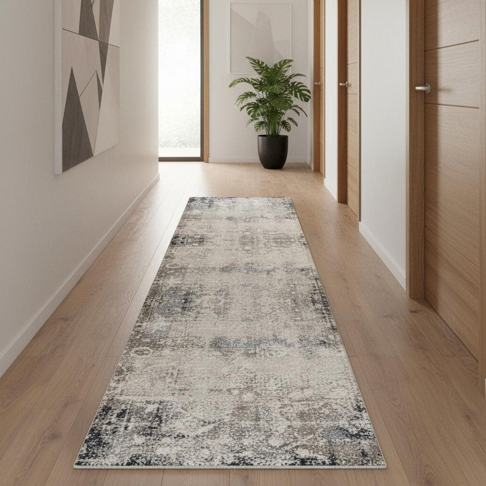 8' X 11' Navy And Beige Distressed Vines Area Rug