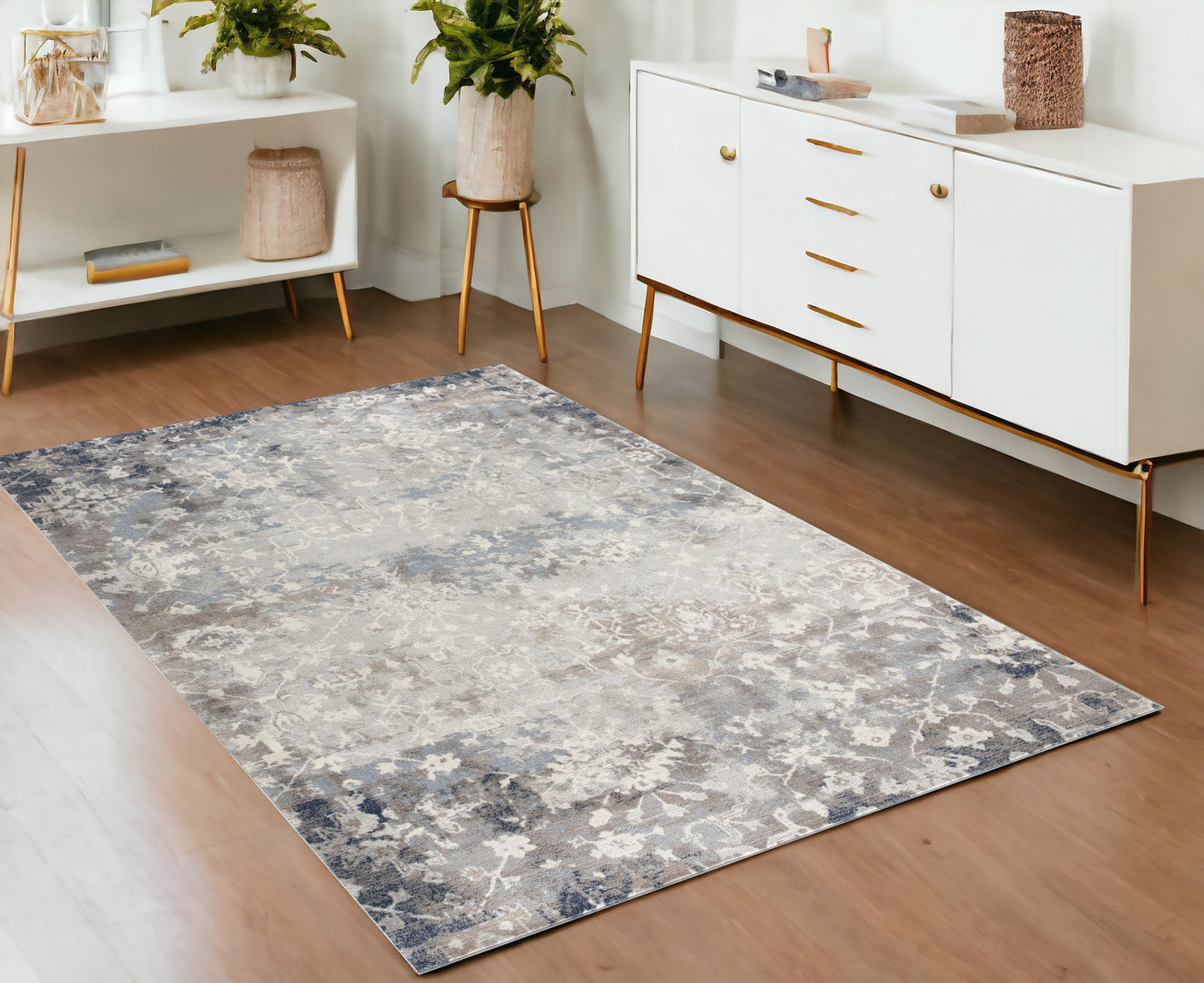 2' X 8' Navy And Beige Distressed Vines Runner Rug