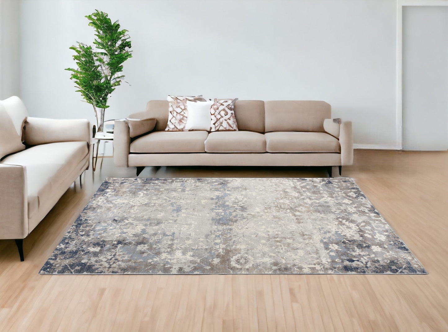 2' X 8' Navy And Beige Distressed Vines Runner Rug