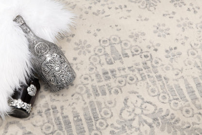 2' X 5' Ivory and Gray Ikat Power Loom Distressed Area Rug