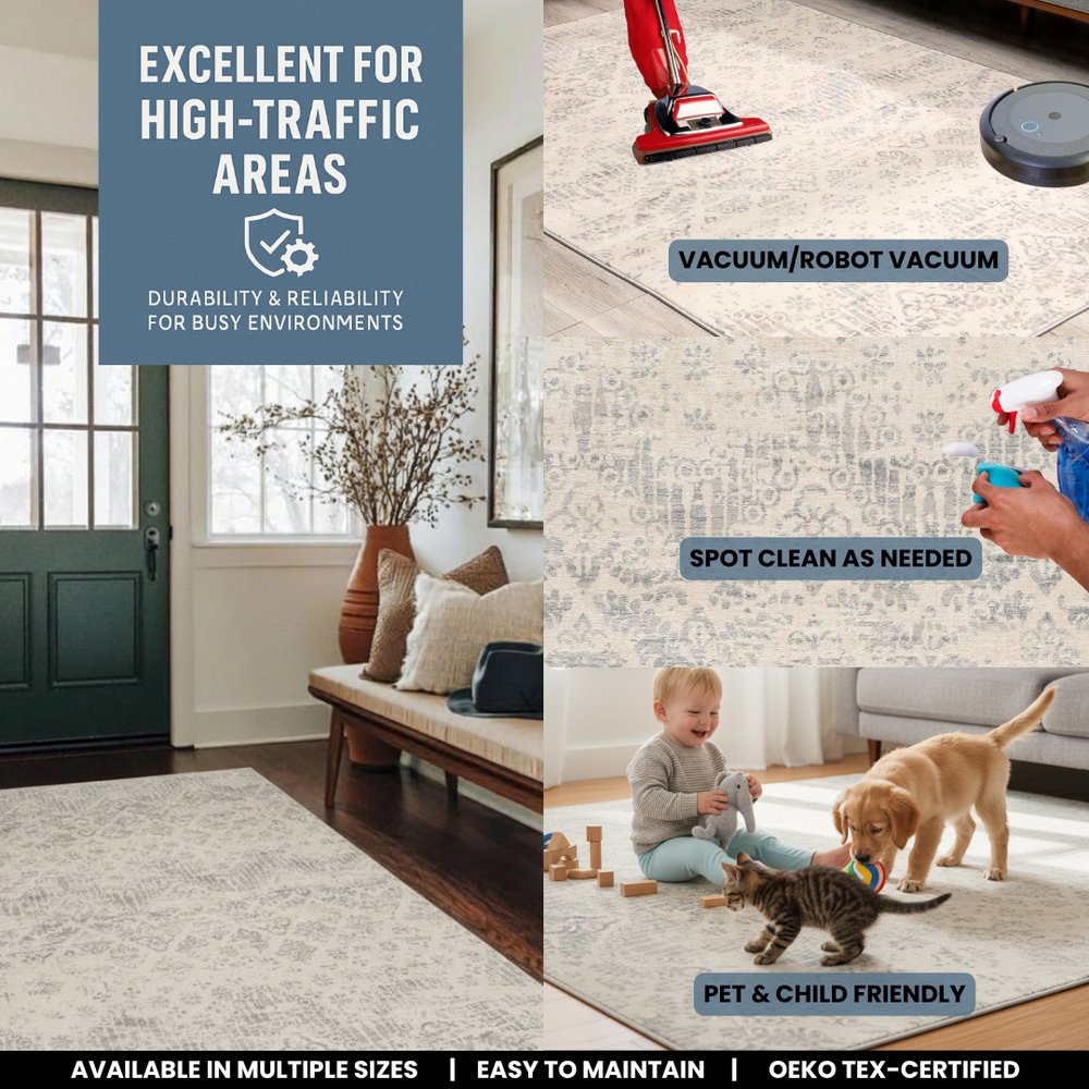 4' X 6' Ivory Distressed Ikat Pattern Area Rug