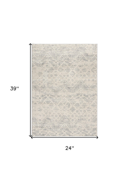 2' X 5' Ivory and Gray Ikat Power Loom Distressed Area Rug
