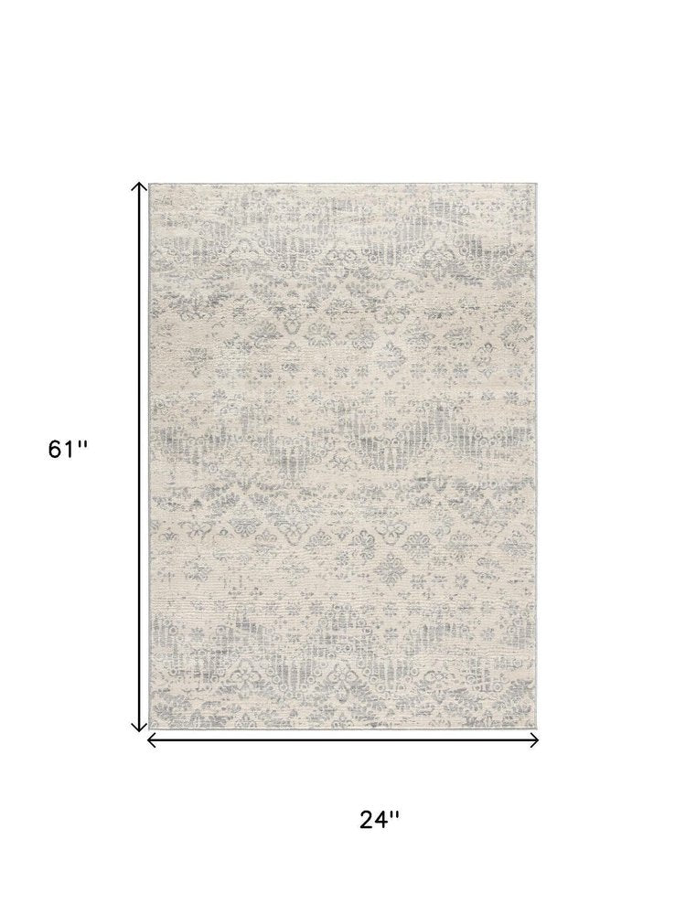 2' X 3' Ivory Distressed Ikat Pattern Scatter Rug