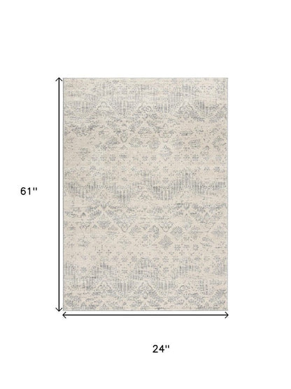 2' X 3' Ivory Distressed Ikat Pattern Scatter Rug