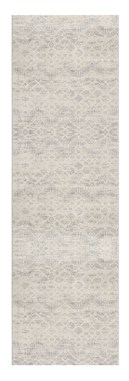 2' X 5' Ivory and Gray Ikat Power Loom Distressed Area Rug