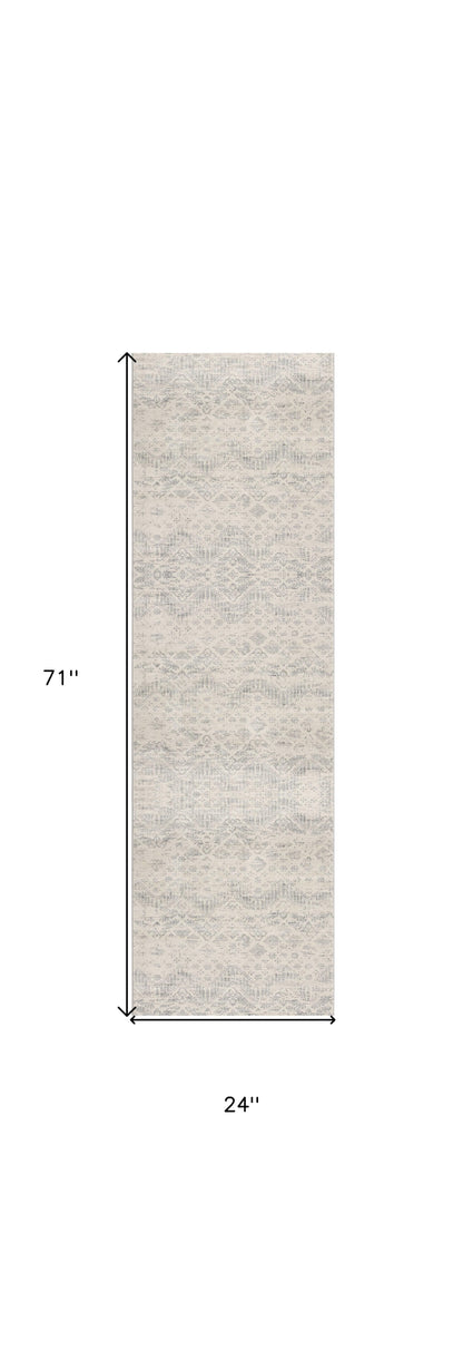 2' X 5' Ivory and Gray Ikat Power Loom Distressed Area Rug