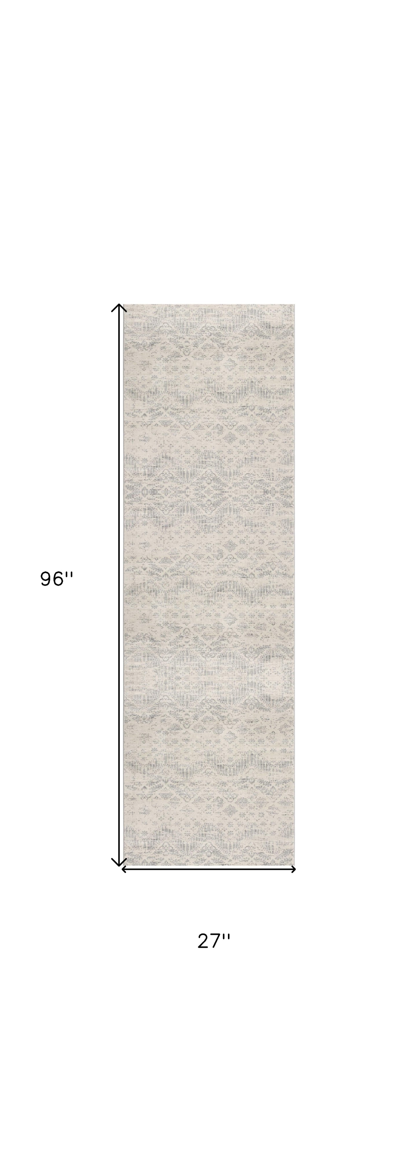 2' X 8' Ivory Distressed Ikat Pattern Runner Rug