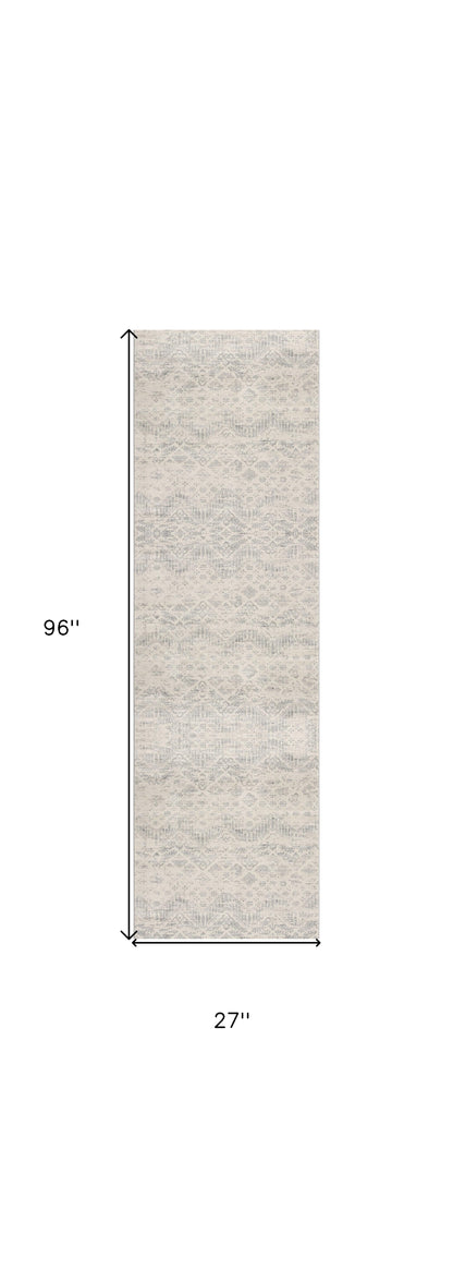 2' X 8' Ivory Distressed Ikat Pattern Runner Rug