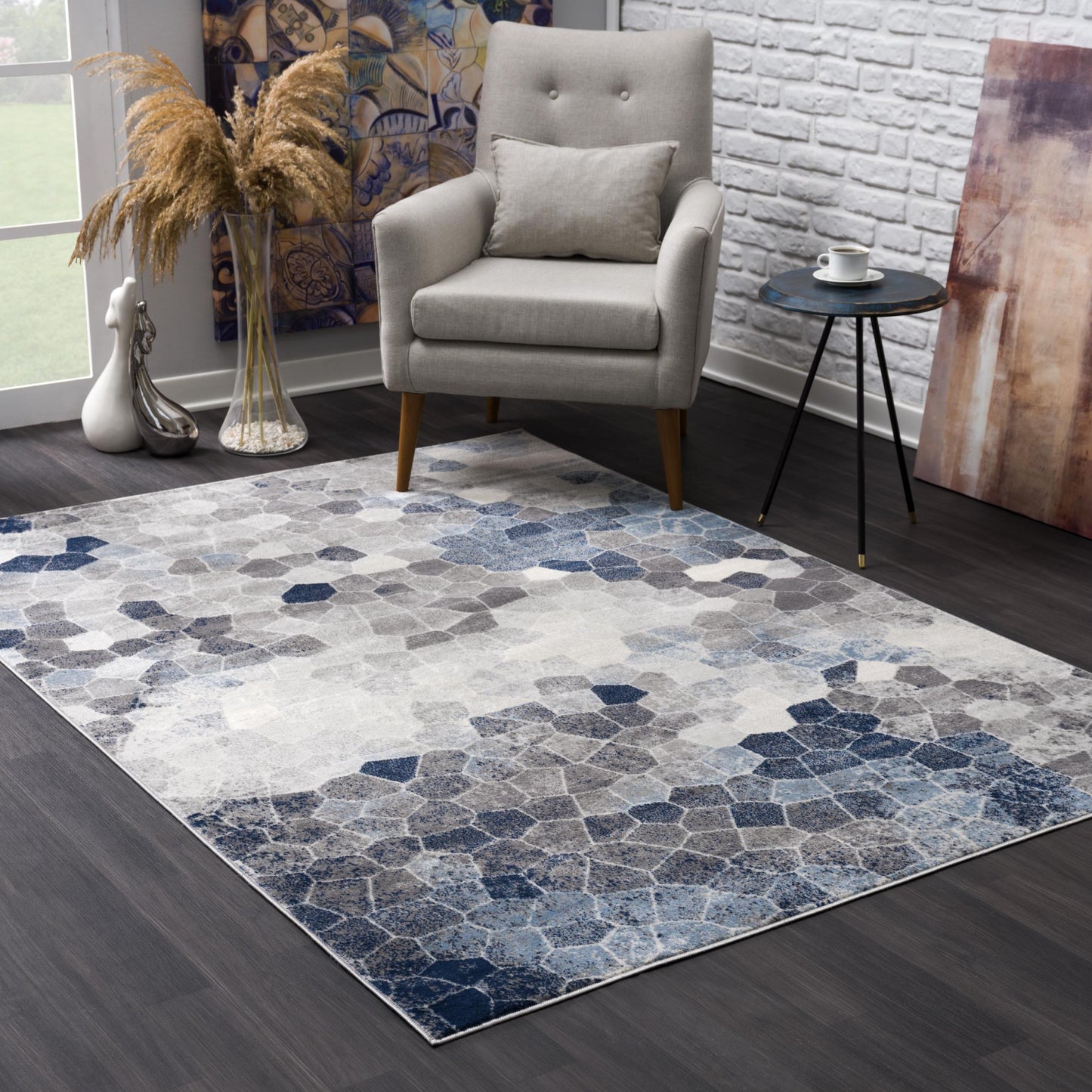 4' X 6' Navy Blue Cobblestone Pattern Area Rug