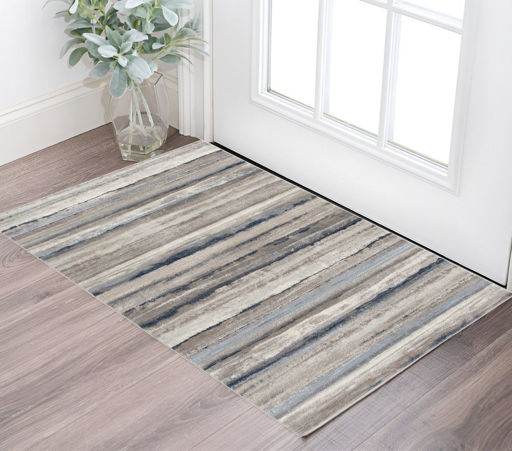 2' X 3' Blue And Beige Distressed Stripes Scatter Rug