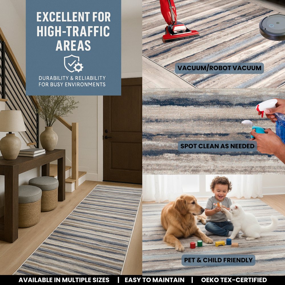 2' X 3' Blue And Beige Distressed Stripes Scatter Rug