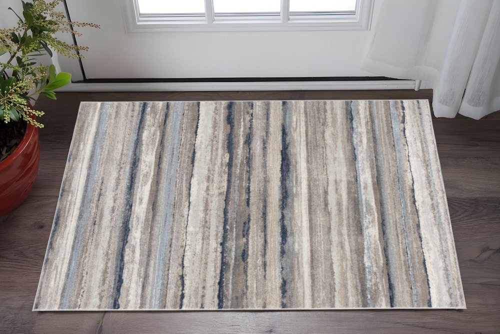 4' X 6' Blue And Beige Distressed Stripes Area Rug