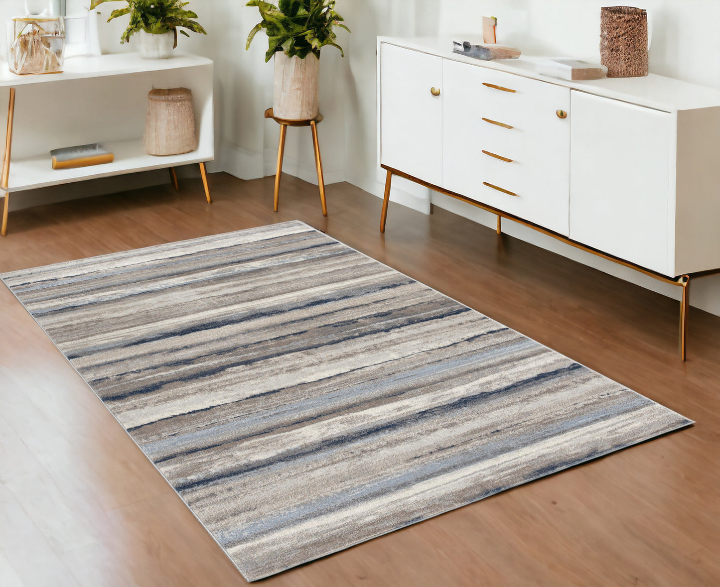 4' X 6' Blue And Beige Distressed Stripes Area Rug