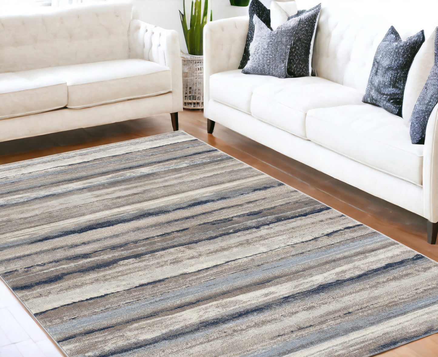 4' X 6' Blue And Beige Distressed Stripes Area Rug