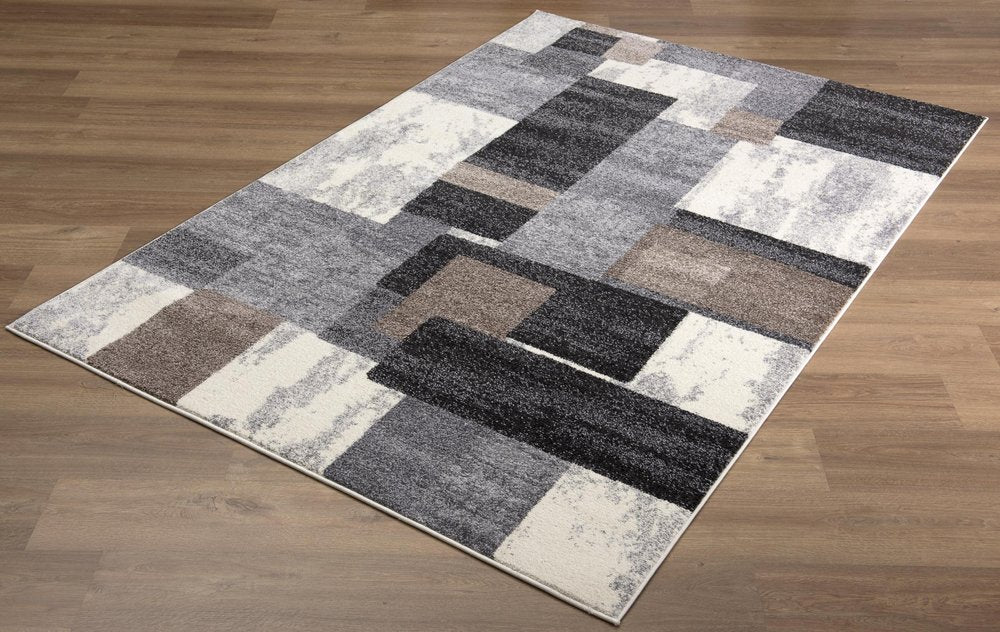 7' X 9' Gray Black and Brown Abstract Geometric Area Rug