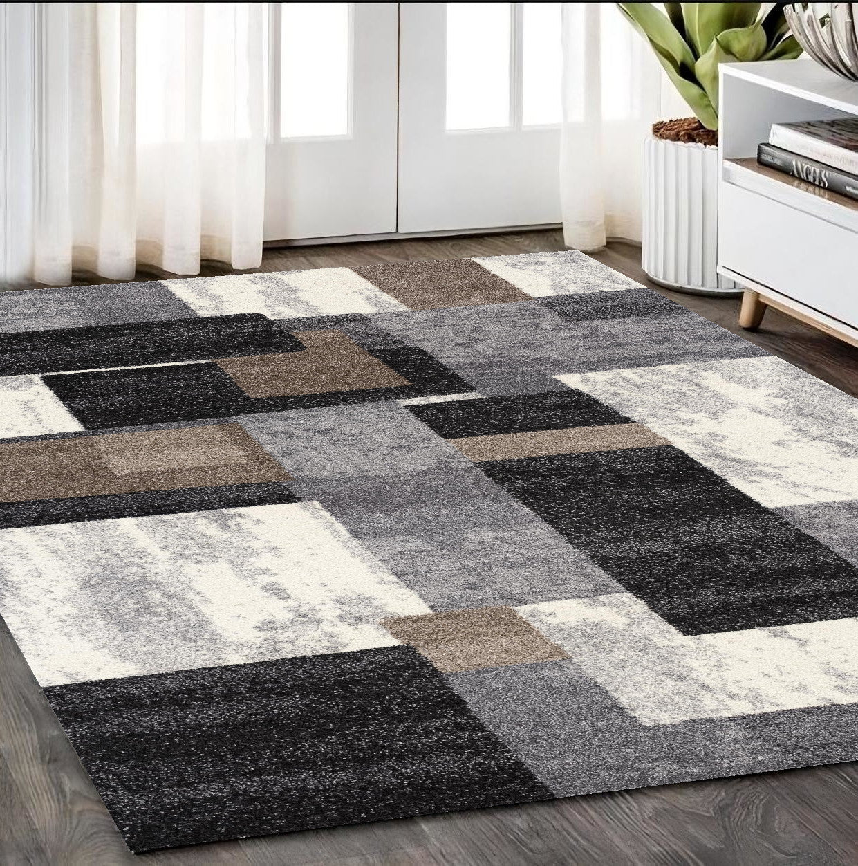 4' X 6' Gray Black and Brown Abstract Geometric Area Rug